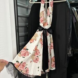 Retro Cotton A-Line 1950s Halter Dress Floral Print Satin Sash White Pink Black